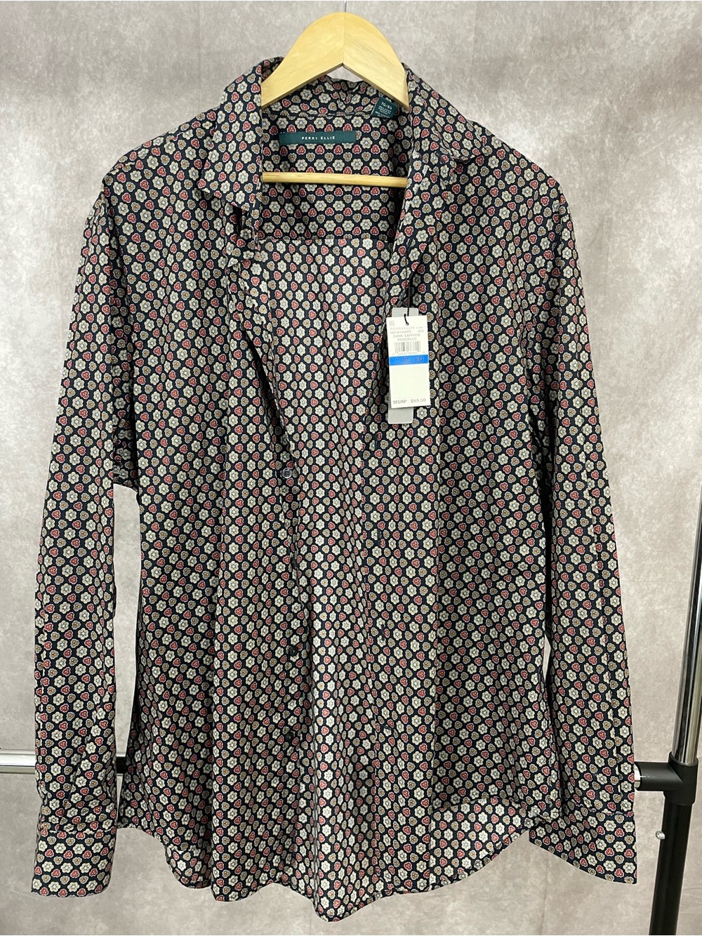 Perry Ellis Dark Blue Button-Down Shirt with Red/Grey/Light Blue Geometric Print